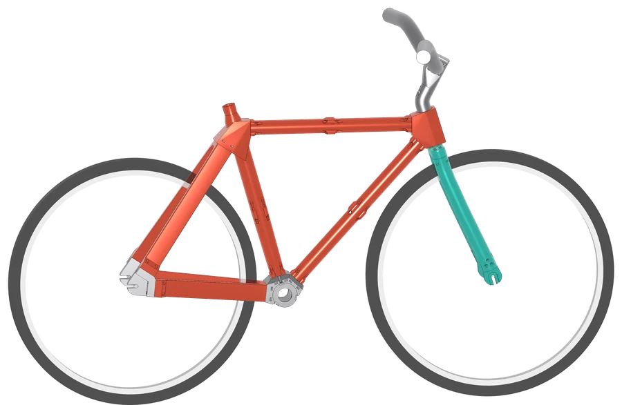 A bicycle frame painted tomato red with a turquoise fork