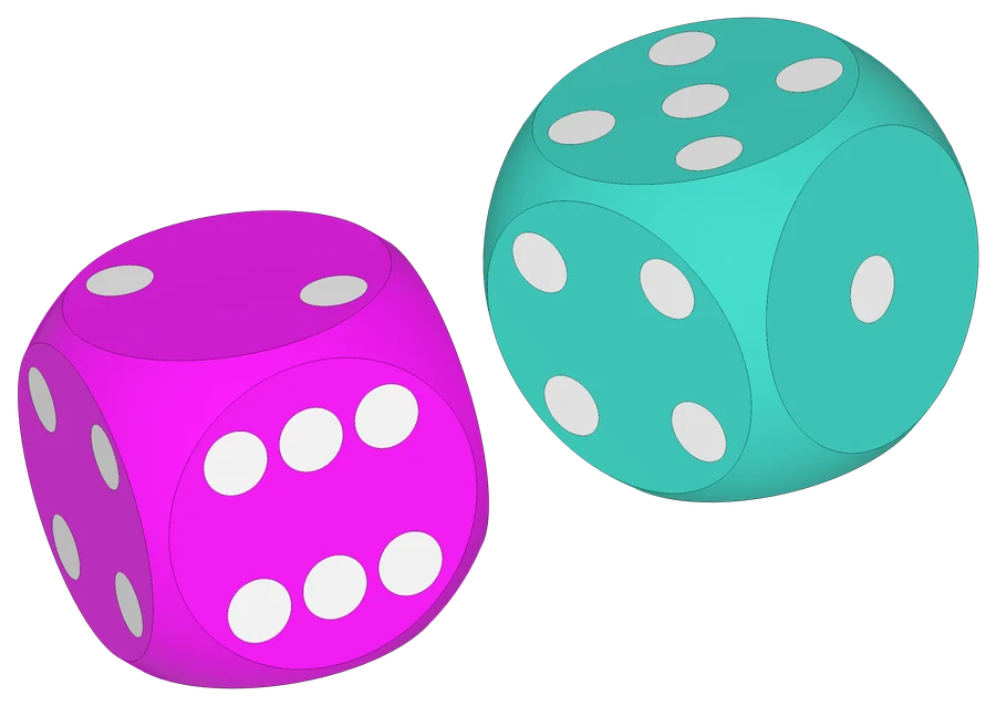 Two dice, one magenta and one turquoise