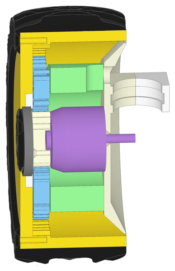 A wheel hub cut in half, showing a motor and planetary gears inside