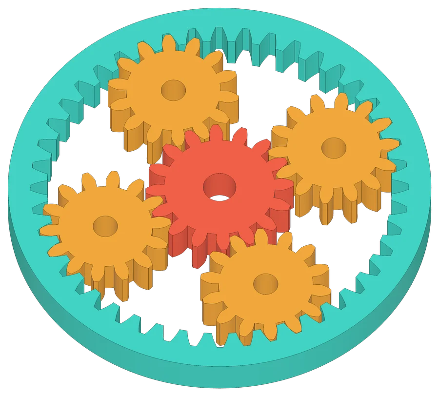 A planetary gear train with a sun, four planets and a ring gear