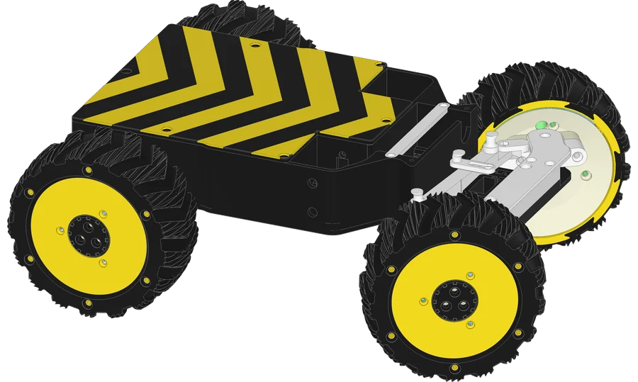 An RC car chassis with treaded wheels and yellow-and-black chevrons