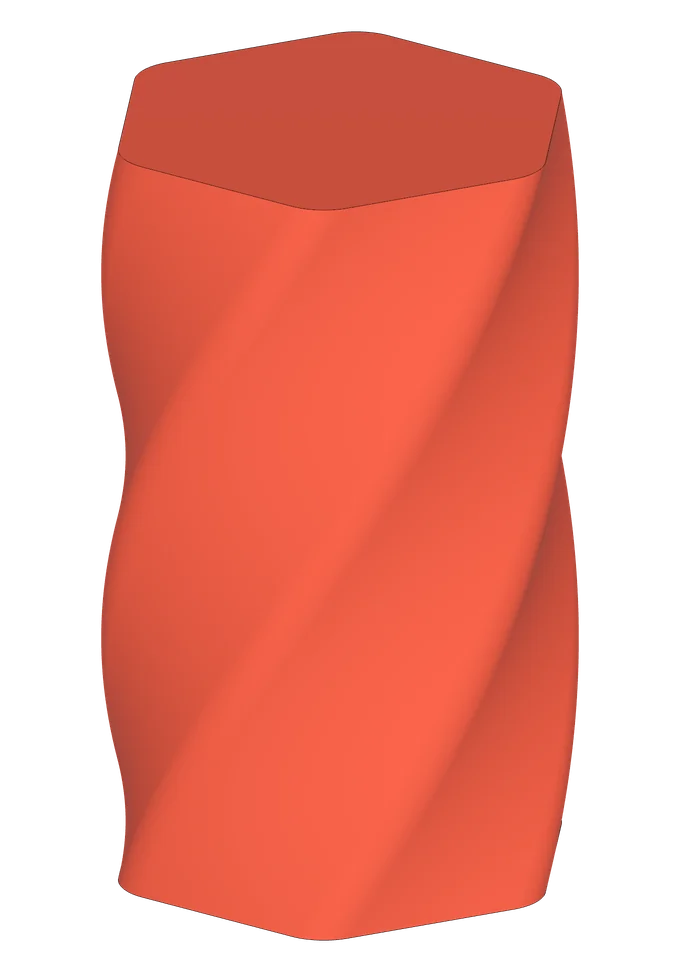 A tomato-colored hexagonal vase, twisted 120 degrees